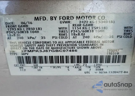 2016 Ford Edge Sel z USA, uszkodzony, nr VIN 2FMPK3J87GBC07486